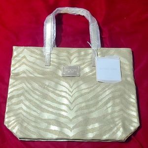 Large michael kors tote bag purse metallic gold brown animal print design